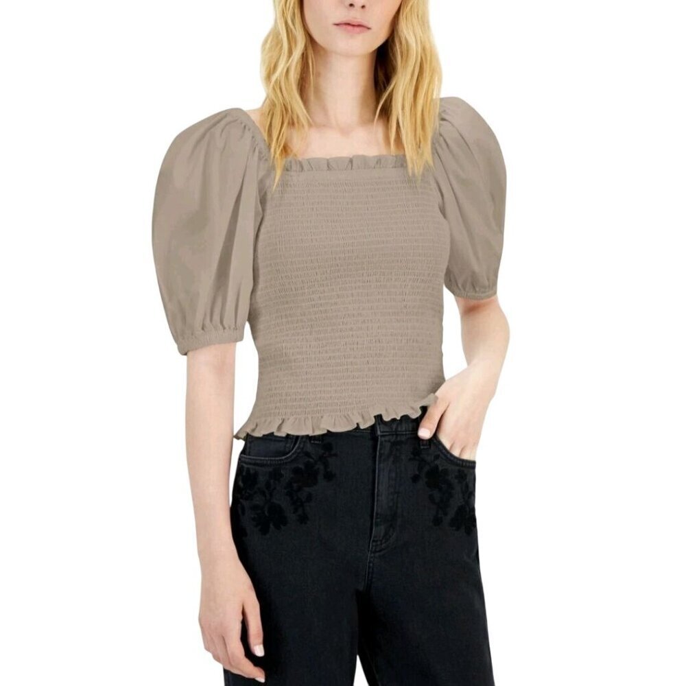 Inc International Concept Puff Sleeve Smocked Blouse Neutral Beige Size L